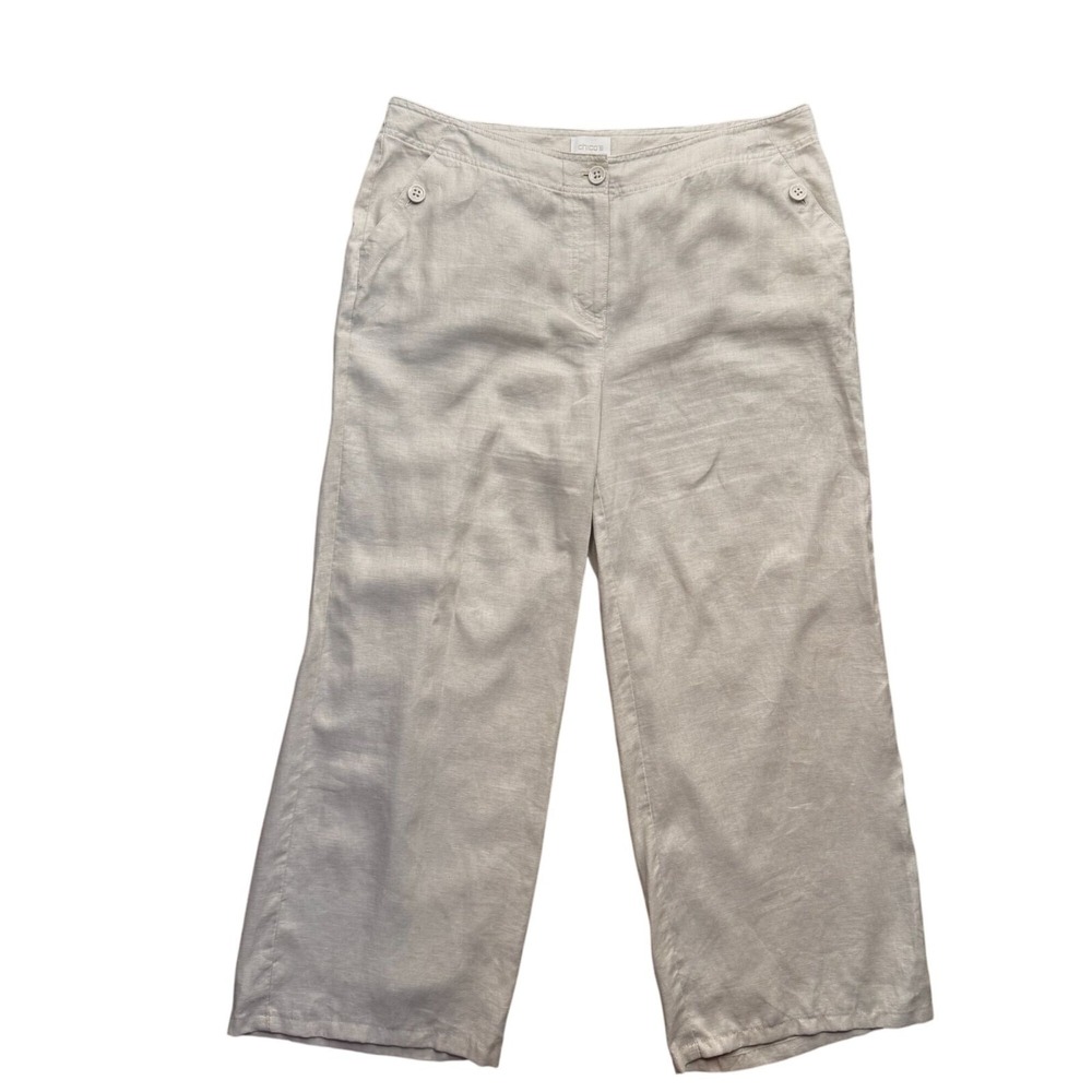 Chicos Wide Leg Linen Pants Size L 14 Pull On Pockets Old Money Preppy Coast